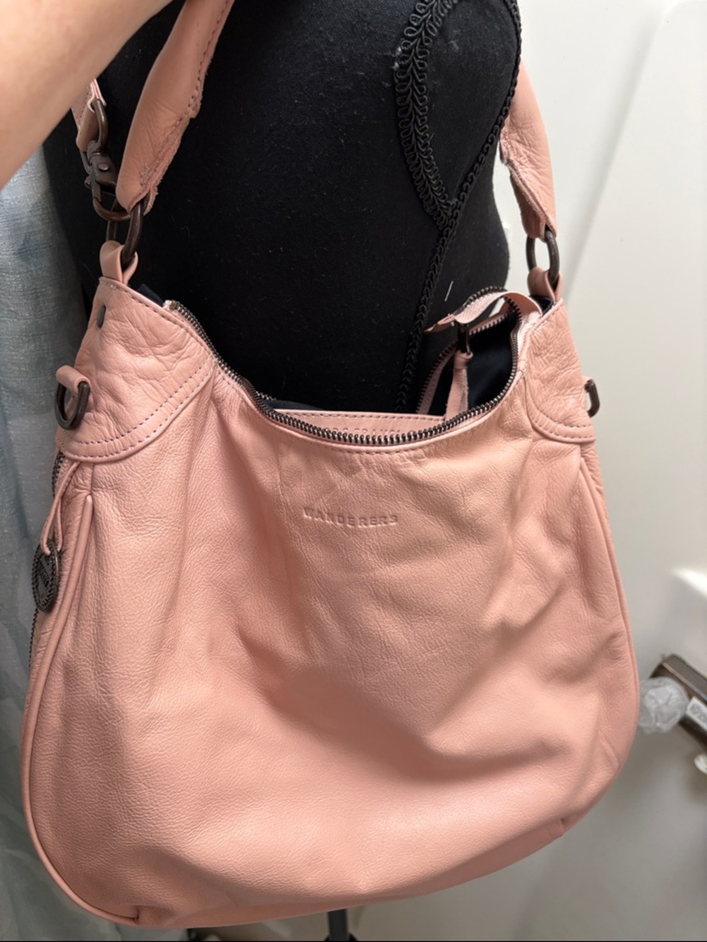 Buttery soft pale pink Leather Crossbody Hobo Bag with Adjustable Strap